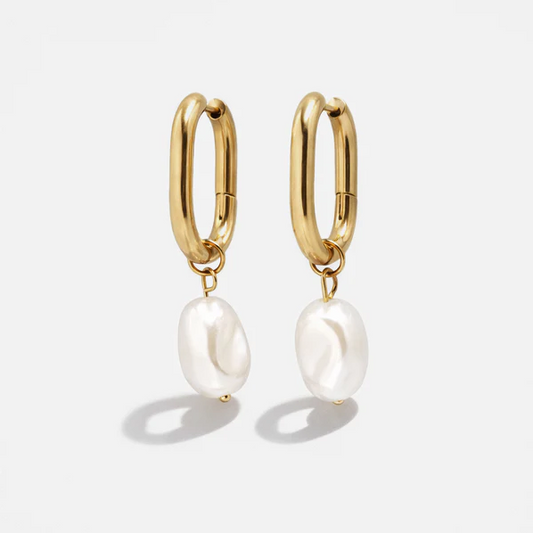 Oval gold hoop earrings with pearl-Bizou-1000 Palms
