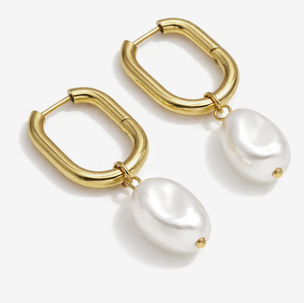 Oval gold hoop earrings with pearl-Bizou-1000 Palms