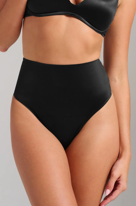 Black Smooth Satin Thong